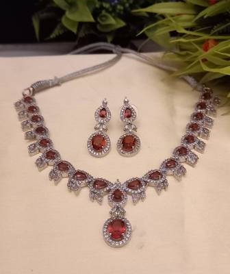 Red  Indian Jewellery American Diamond White Polish Necklace Set with Maangtika for Women 2