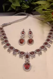 Red  Indian Jewellery American Diamond White Polish Necklace Set with Maangtika for Women