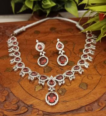 Red  Indian Jewellery American Diamond White Polish Necklace Set with Maangtika for Women 3
