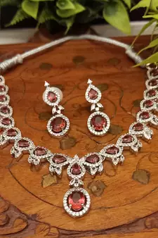 Red  Indian Jewellery American Diamond White Polish Necklace Set with Maangtika for Women