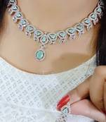Green Indian Jewellery American Diamond White Polish Necklace Set with Maangtika for Women