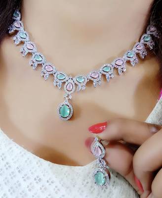 Rhodium Plated Brass Stone Encrusted Multicolor Necklace Set 1