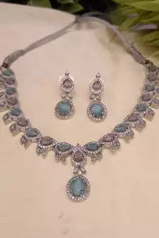 Rhodium Plated Brass Stone Encrusted Multicolor Necklace Set