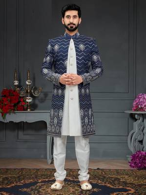 blue Silk Printed Sherwani 1