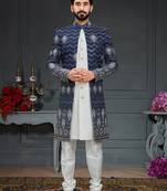 blue Silk Printed Sherwani
