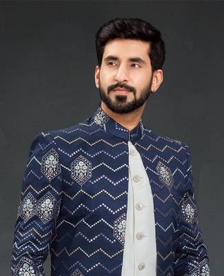 blue Silk Printed Sherwani 2