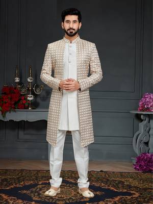 White Silk Printed Sherwani 1
