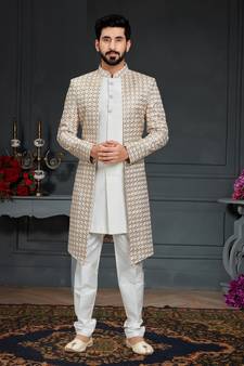 White Silk Printed Sherwani