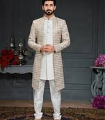 White Silk Printed Sherwani