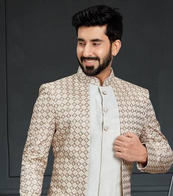 White Silk Printed Sherwani 2