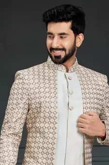 White Silk Printed Sherwani