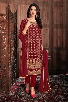 Maroon Embroidered Georgette Salwar Up To 42" Size 1