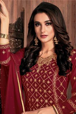 Maroon Embroidered Georgette Salwar Up To 42" Size 2