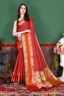 Red Woven Silk Blend Saree With Blouse