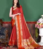 Red Woven Silk Blend Saree With Blouse