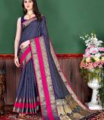Navy Blue Woven Silk Blend Saree With Blouse
