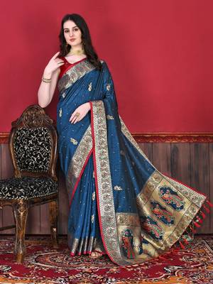 Blue woven silk saree with blouse 1