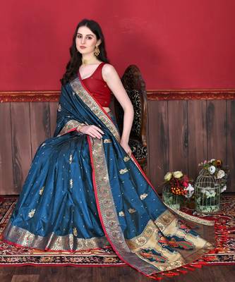 Blue woven silk saree with blouse 2