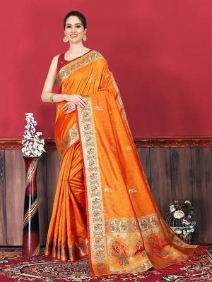 Orange Woven Silk Blend Saree With Blouse 1