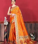 Orange Woven Silk Blend Saree With Blouse