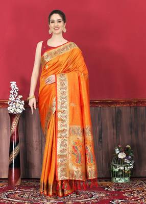 Orange Woven Silk Blend Saree With Blouse 2