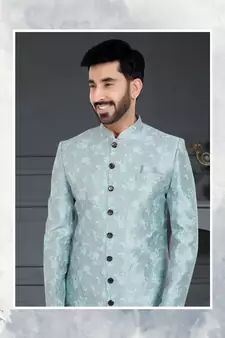 blue Jacquard embroidered Sherwani