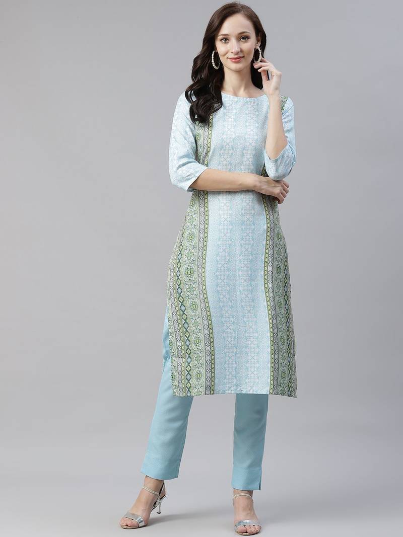 Beautiful Digital Printed Sky Blue Colour Rayon Kurti For Ethnic Look