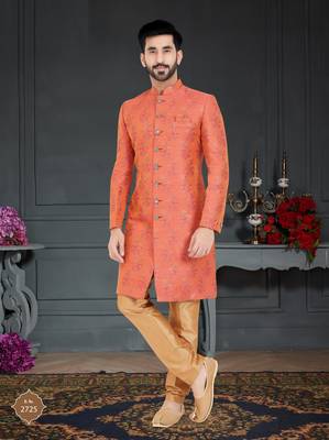 Orange Jacquard embroidered Sherwani 1