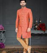 Orange Jacquard embroidered Sherwani