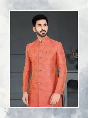Orange Jacquard embroidered Sherwani 2