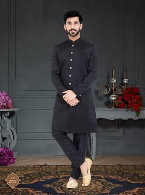 Black Sartin embroidered Sherwani 1