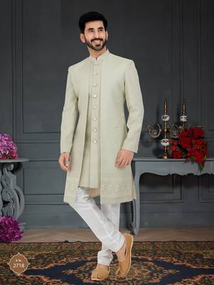 olive Jacquard embroidered Sherwani 1