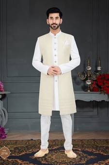 White Jacquard embroidered Sherwani