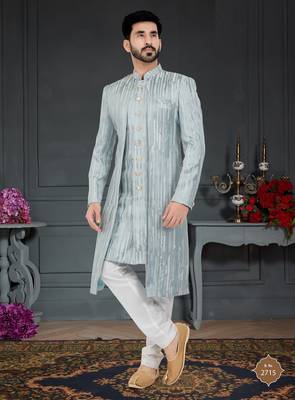 grey Jacquard embroidered Sherwani 1