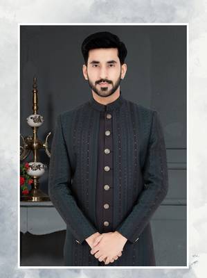 Black Jacquard embroidered Sherwani 2