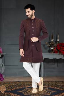 Maroon Jacquard embroidered Sherwani