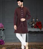 Maroon Jacquard embroidered Sherwani