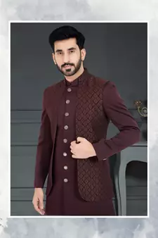Maroon Jacquard embroidered Sherwani