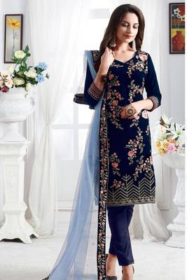 Blue Embroidered Velvet Salwar Free size full stitched Up To 42" Size 1