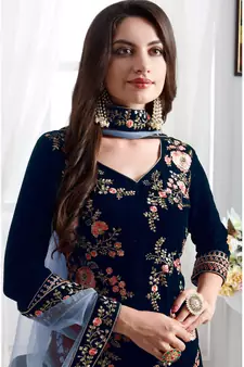 Blue Embroidered Velvet Salwar Free size full stitched Up To 42" Size