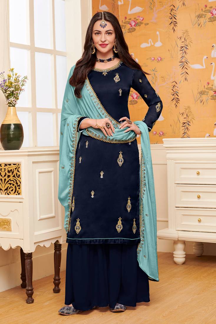 Blue Embroidered Georgette Salwar Up To 42" Size