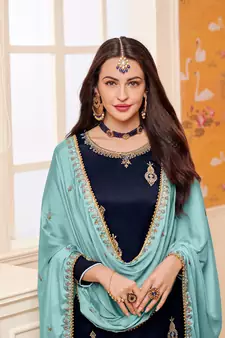 Blue Embroidered Georgette Salwar Up To 42" Size