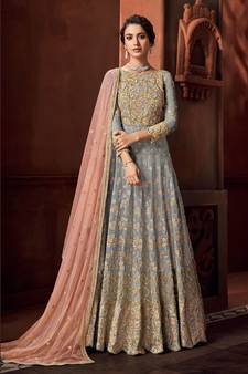 Blue Embroidered Georgette Salwar Up To 42" Size