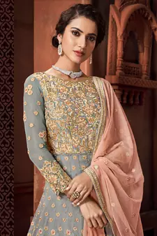Blue Embroidered Georgette Salwar Up To 42" Size