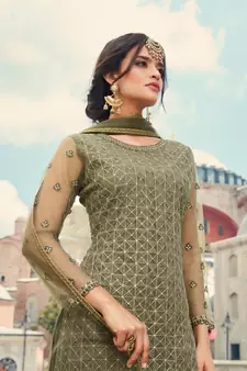 Green Embroidered Net Salwar Suit Set for Eid - Semi Stitched