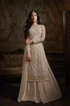 Cream Embroidered Georgette Salwar Up To 42" Size