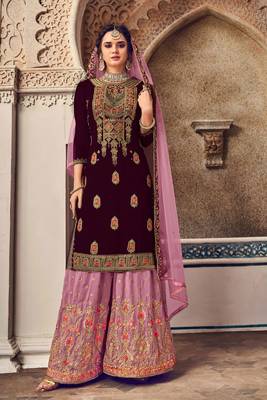 Wine Embroidered Georgette Salwar Up To 42" Size 1