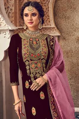 Wine Embroidered Georgette Salwar Up To 42" Size 2