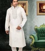 Fawn embroidered art silk kurta-pajama