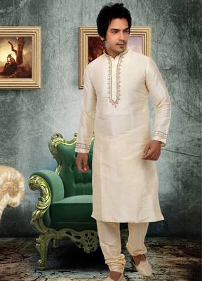 Fawn embroidered art silk kurta-pajama 1